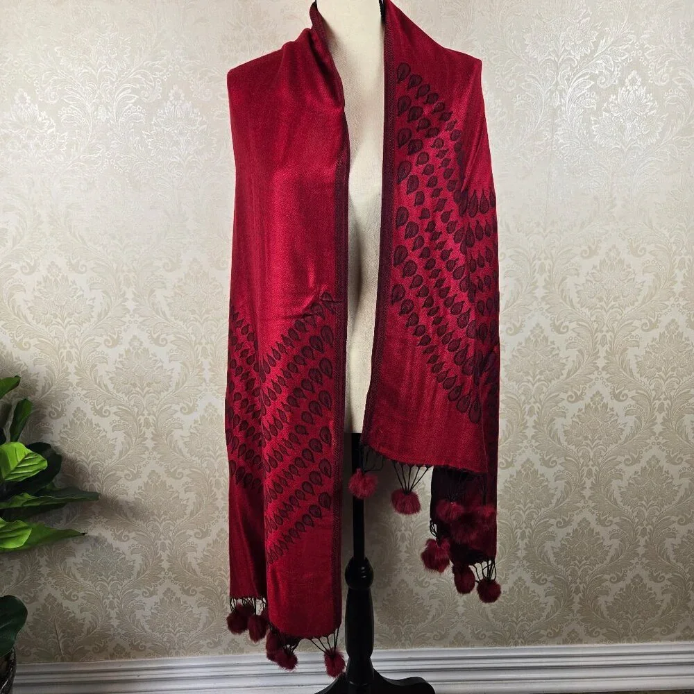 Red and Black Patterned Pashmina Real Fur PomPom Accents at Ends Cozy Warm